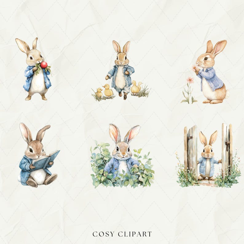 May include: A set of six watercolor illustrations featuring cute bunnies in various poses. The bunnies are wearing blue shirts and have brown fur. Some bunnies are holding objects, such as a book or a flower. The illustrations are perfect for adding a touch of whimsy to any project.