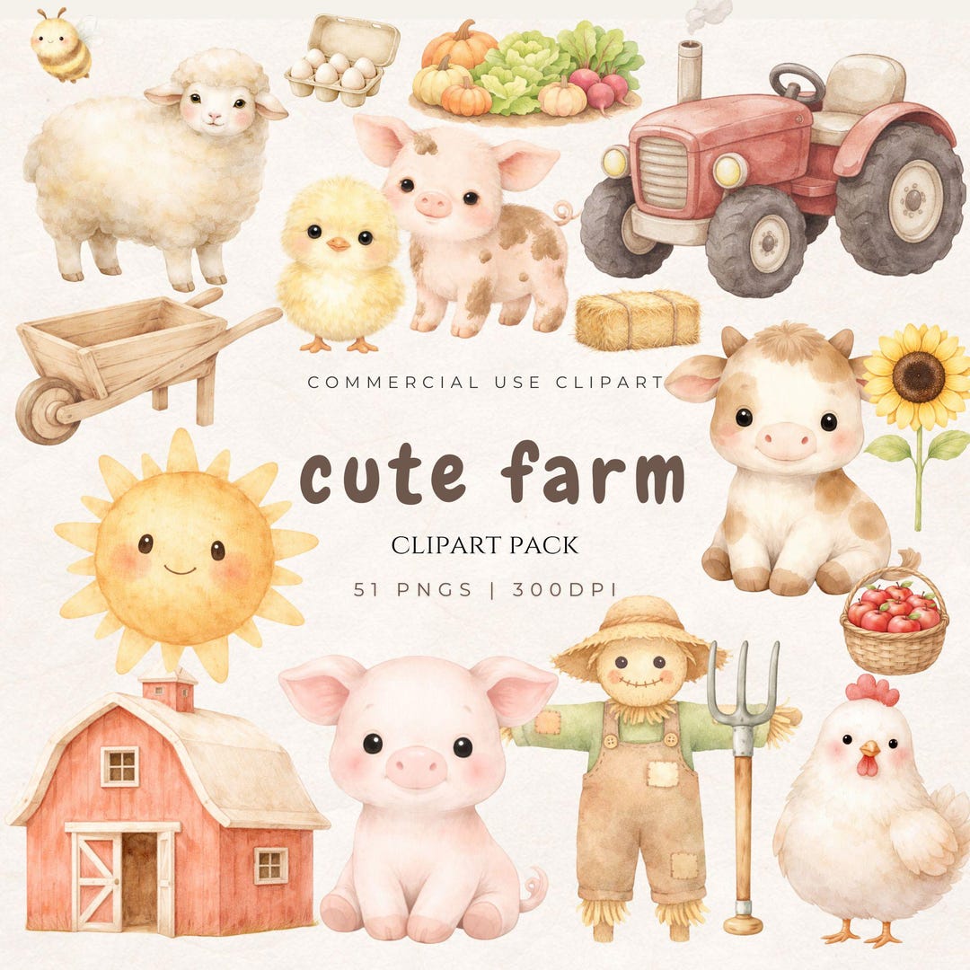 Watercolor Cute Farm Clipart, Farm Animals Nursery Decor PNG ...