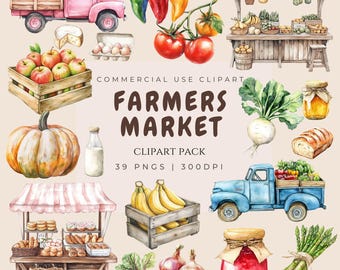 Watercolor Farmers Market Clipart, Fruit, Vegetables, Flowers (PNG Instant Download)