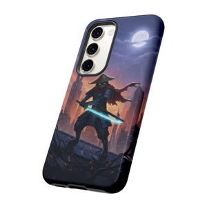 Samurai Cat with Light Sword phone case | Warrior Nightscape, Moonlit City