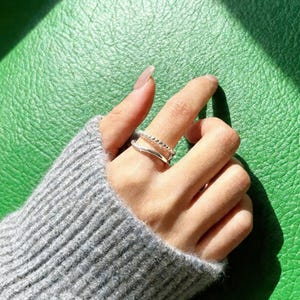 925 Sterling Silver Open Ring, Beaded Stack Ring Adjustable, Minimal Double Band Ring, Delicate Layered Ring, Modern Women Jewelry Gift