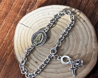 925 Sterling Silver Guadalupe Medal Bracelet | Catholic Cross Charm Jewelry | Virgen de Guadalupe Gift for Her