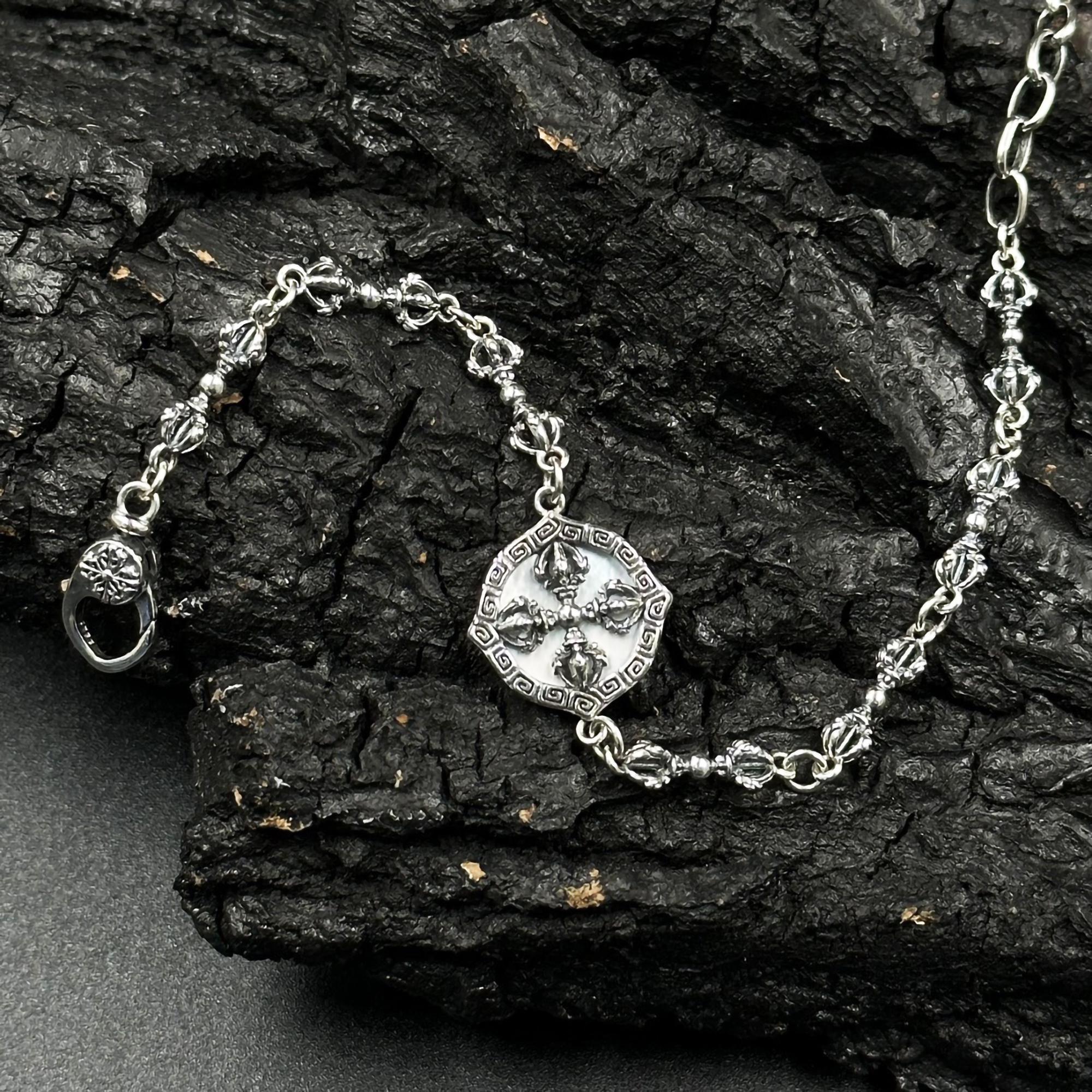 925 Sterling Silver Vajra Bracelet | Buddhist Totem Jewelry | Unisex Oxidized Chain | Spiritual Gift for Him or Her | Handmade