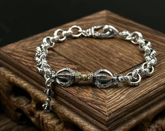 Tibetan Vajra Bracelet for Men Women – Sterling Silver Chain Bracelet with Dorje Amulet – Handmade Spiritual Jewelry Gift