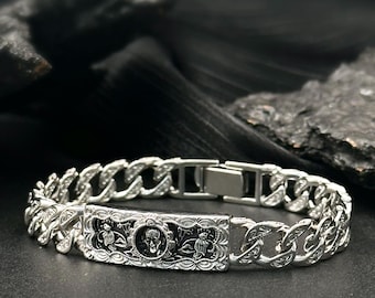 Sterling Silver Gothic Skull Bracelet for Men – Vintage Punk Style 925 Silver Chain Bracelet – Handmade Biker Jewelry Gift