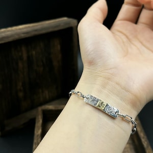 Men&#39;s Vintage Silver Bracelet – Handmade Totem Symbol Jewelry with Mixed Metal Accents – Adjustable Chain Gift for Him, Dad, Boyfriend