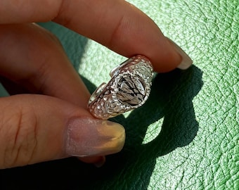 Natural Stone Sterling Silver Ring: Adjustable Wide Band, Vintage Boho