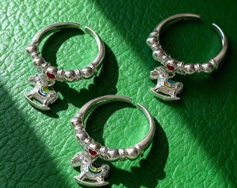 Sterling Silver Rocking Horse Ring | Enamel Charm, Adjustable Beaded Band