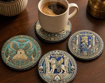Ancient Persia Slate Coaster Set: Handcrafted Natural Stone, UV Printed Designs