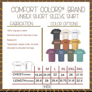 The image is a collage of various t-shirt designs, including different sizes and color options, along with a table of measurements for the chest and length of the shirts.