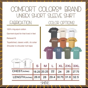 The image is a collage of various t-shirt designs, including different sizes and color options, along with a table of measurements for the chest and length of the shirts.