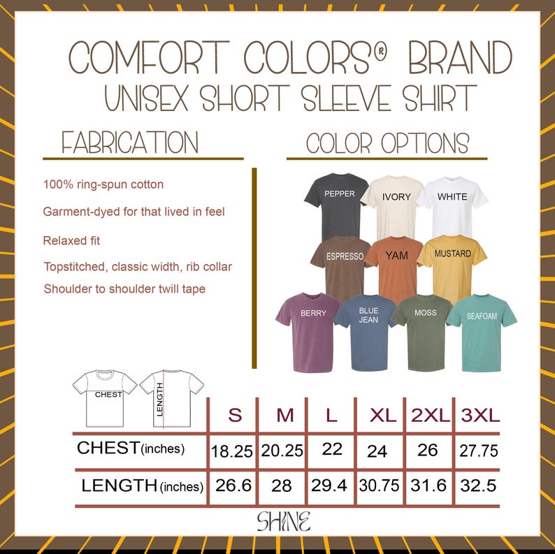 The image is a collage of various t-shirt designs, including different sizes and color options, along with a table of measurements for the chest and length of the shirts.