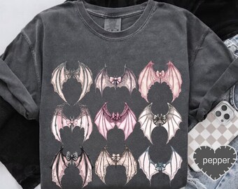 Bat Wings Gothic Coquette Shirt Dark Feminine Aesthetic Tee Cute Goth Girl Outfit Soft Grunge Y2K Bat Shirt Halloween Coquette Top
