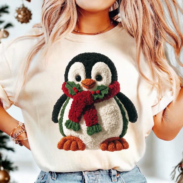 3D Crochet Penguin Shirt Cozy Crochet Look Christmas Tee Handmade Style Holiday TShirt Gift -NOT REAL CROCHET
