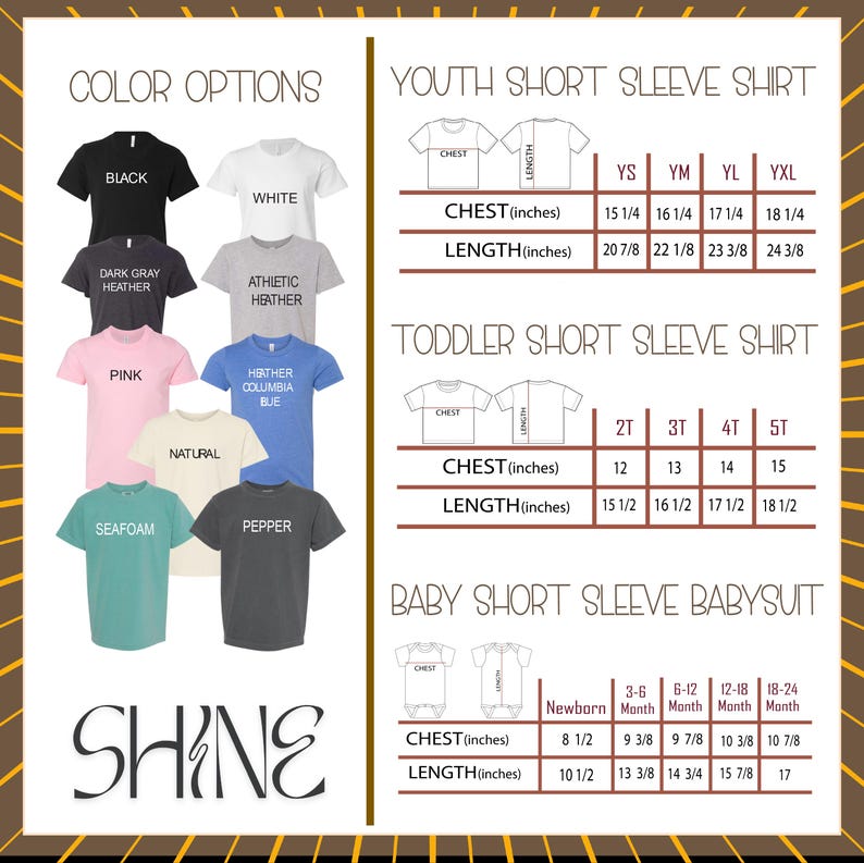 a variety of t-shirt designs in different colors, including black, white, gray, pink, and green. The t-shirts are labeled with their respective sizes and styles, such as youth short sleeve shirts, athletic short sleeve shirts, and toddler short sleeve shirts. The image also includes a section for a baby short sleeve babysuit, providing size and style options for different age groups.