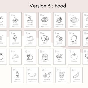 May include: A set of 26 flashcards featuring food illustrations, each paired with a letter of the alphabet. The cards include drawings of an apple, banana, cherry, donut, elderberry, fish, grapes, honey, ice cream, jelly, kiwi, lemon, mango, noodles, orange, pizza, quinoa, rice, soup, tomato, ube, vanilla, watermelon, ximenia, yogurt, and zucchini.