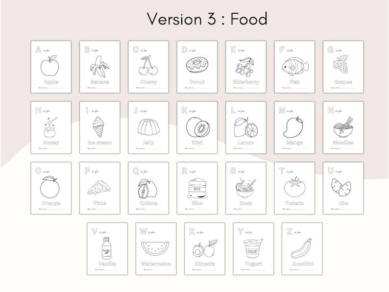 May include: A set of 26 flashcards featuring food illustrations, each paired with a letter of the alphabet. The cards include drawings of an apple, banana, cherry, donut, elderberry, fish, grapes, honey, ice cream, jelly, kiwi, lemon, mango, noodles, orange, pizza, quinoa, rice, soup, tomato, ube, vanilla, watermelon, ximenia, yogurt, and zucchini.