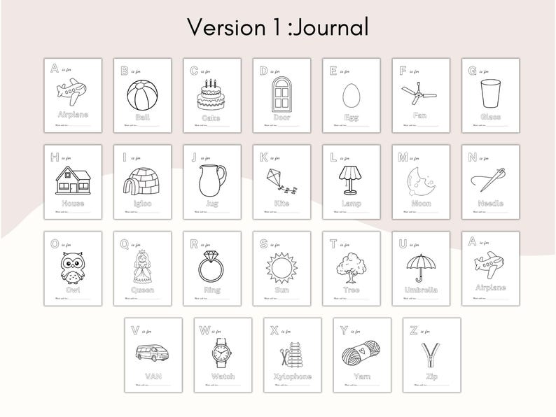 May include: A set of 26 flashcards, each featuring a letter of the alphabet and a corresponding illustration. The cards include images of an airplane, ball, cake, door, egg, fan, glass, house, igloo, jug, kite, lamp, moon, needle, owl, queen, ring, sun, tree, umbrella, van, watch, xylophone, yam, and zip.
