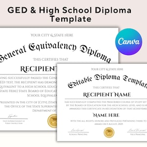 Editable High School Diploma Template, GED Diploma Template, Homeschool Diploma, Graduation Certificate, High School Diploma, DIY Diploma