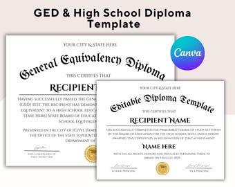 Op de afbeelding: Twee witte diploma-sjablonen met zwarte tekst. De grotere luidt "General Equivalency Diploma" en de kleinere "Editable Diploma Template". Beide bevatten gebieden voor ontvangerinformatie en een Canva-logo.