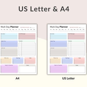 K&ouml;nnte beinhalten: Zwei wei&szlig;e Work Day Planner-Bl&auml;tter, eines im US-Letter- und eines im A4-Format, mit Pastellfarben. Jeder Planer enth&auml;lt Abschnitte f&uuml;r Erinnerungen, E-Mails, To-Do-Listen und Notizen. Der Text "US Letter & A4" steht oben.