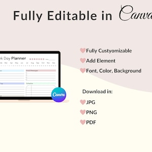 K&ouml;nnte beinhalten: Ein digitaler Arbeitsplaner, der auf einem Laptop-Bildschirm angezeigt wird. Der Planer enth&auml;lt Abschnitte f&uuml;r Erinnerungen, To-Do-Listen, E-Mails und einen Zeitplan. Der Text "Fully Editable in Canva" ist ebenfalls enthalten.