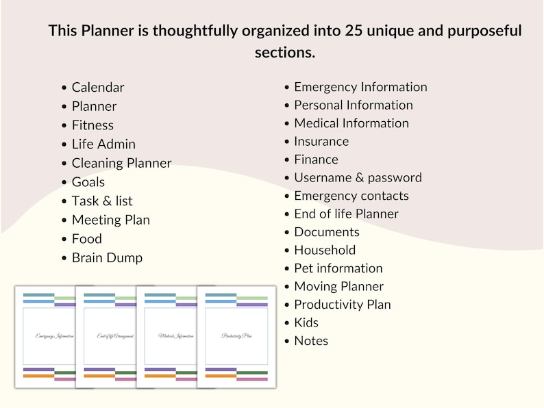 May include: A planner with a cream background and a list of 25 sections, including Calendar, Planner, Fitness, and Emergency Information. The text "This Planner is thoughtfully organized into 25 unique and purposeful sections" is at the top. Four planner covers are at the bottom.