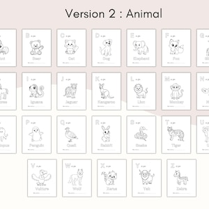 May include: A collection of 26 black and white animal illustrations, each on a separate card, with the alphabet letters A through Z. Each card features a different animal, such as a bear, cat, dog, and elephant.