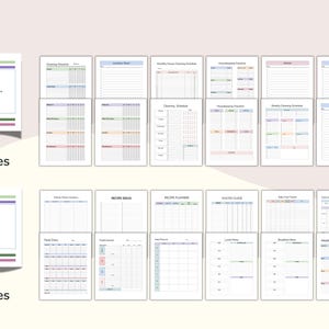 May include: A collection of printable planner pages with colorful borders. The pages include cleaning checklists, meal planners, and more. The image shows 14 pages and 13 pages of printable planner pages.