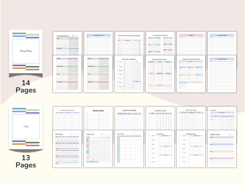 May include: A collection of printable planner pages with colorful borders. The pages include cleaning checklists, meal planners, and more. The image shows 14 pages and 13 pages of printable planner pages.