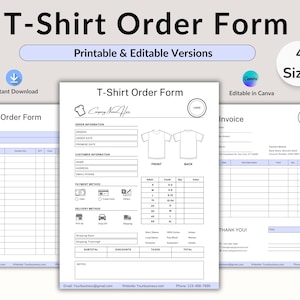 Op de afbeelding: Een set afdrukbare en bewerkbare T-shirt bestelformulieren in vier formaten. De formulieren bevatten secties voor bestelinformatie, klantgegevens, betaalmethoden en leveringsopties. Het ontwerp is strak en professioneel, met de tekst "T-Shirt Order Form".