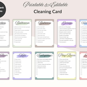 May include: Printable and editable cleaning card with fill-in-the-blank versions. The card features checklists for various rooms, including the kitchen, bathroom, bedroom, garage, family room, living room, kids' room, entryways, play room, and laundry.
