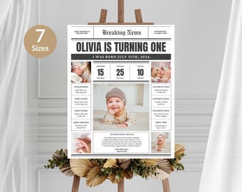 Op de afbeelding: Een gepersonaliseerde verjaardagsmijlpaalposter met de kop "OLIVIA IS TURNING ONE". De poster bevat babyfoto's, gewicht in ponden, lengte in inches en andere details. Het wordt gepresenteerd op een houten ezel.