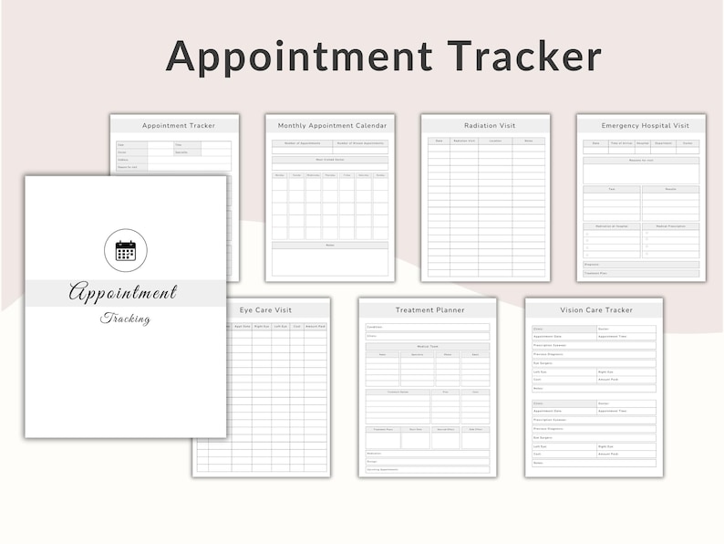 May include: A set of printable appointment trackers, including a monthly calendar, radiation visit log, and emergency hospital visit form. The main title reads "Appointment Tracker" in a modern font. The design is minimalist with a neutral colour palette.