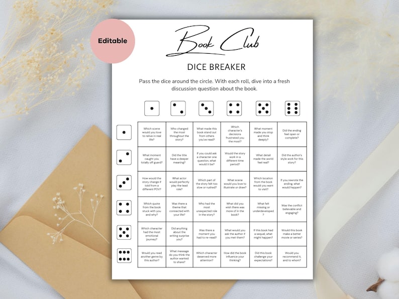 May include: A white printable "Book Club Dice Breaker" game sheet with discussion questions. The sheet includes dice graphics and prompts like "Which scene would you love to relive?" and "Would you read another genre by this author?"