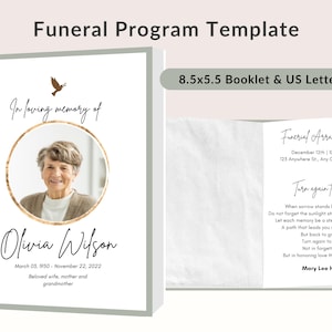 May include: Funeral program template featuring a photo of Olivia Wilson, with dates March 03, 1950 - November 22, 2022. The program includes text "In loving memory of" and "Funeral Arrangement" with a poem. The program is 21.6 x 14 cm.