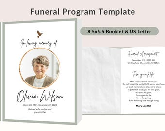 Puede incluir: Plantilla de programa fúnebre con una foto de Olivia Wilson, con fechas del 03 de marzo de 1950 al 22 de noviembre de 2022. El programa incluye el texto "En memoria de" y "Arreglo fúnebre" con un poema. El programa es de 21,6 x 14 cm.