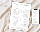 Wedding Day Details Template, Wedding Day Timeline Template, Wedding Info Card, Schedule of Event, Wedding Day Itinerary, Bridesmaid Details