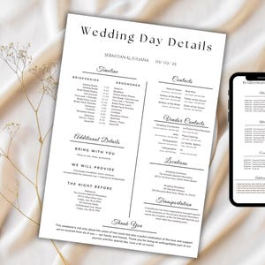 May include: A printed wedding day details sheet with the names Sebastian & Juliana and the date 05/02/25. The sheet includes timelines for bridesmaids and groomsmen, contact information, vendor contacts, locations, and additional details. A smartphone displays a bridesmaid timeline.