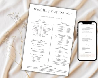 Wedding Day Details Template, Wedding Day Timeline Template, Wedding Info Card, Schedule of Event, Wedding Day Itinerary, Bridesmaid Details