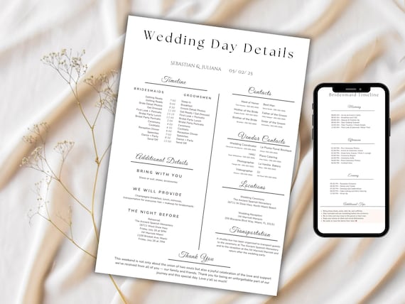 Wedding Day Details Template, Wedding Day Timeline Template, Wedding Info Card, Schedule of Event, Wedding Day Itinerary, Bridesmaid Details