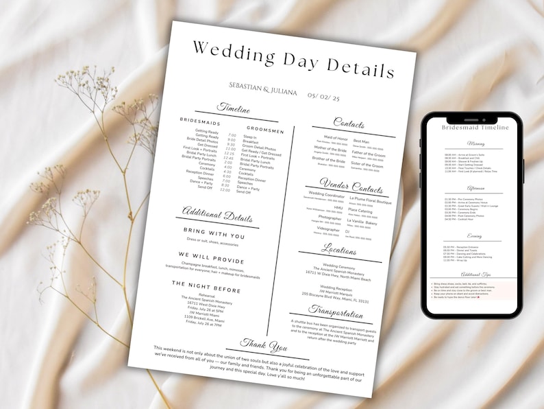 May include: A printed wedding day details sheet with the names Sebastian & Juliana and the date 05/02/25. The sheet includes timelines for bridesmaids and groomsmen, contact information, vendor contacts, locations, and additional details. A smartphone displays a bridesmaid timeline.