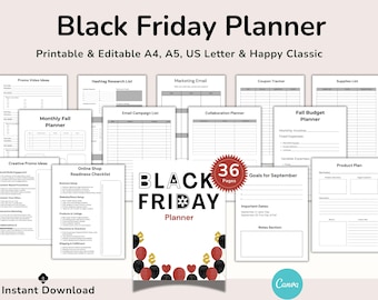 May include: A Black Friday Planner with printable and editable templates. Includes sections for promo video ideas, hashtag research, marketing emails, and budget planning. Features 36 pages and is available in A4, A5, US Letter, and Happy Classic sizes.