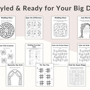 Puede incluir: Una colecci&oacute;n de hojas de actividades de boda imprimibles, que incluyen laberintos, una b&uacute;squeda del tesoro y un juego de bingo. El texto "Styled & Ready for Your Big Day" est&aacute; en la parte superior. Las hojas son en blanco y negro.