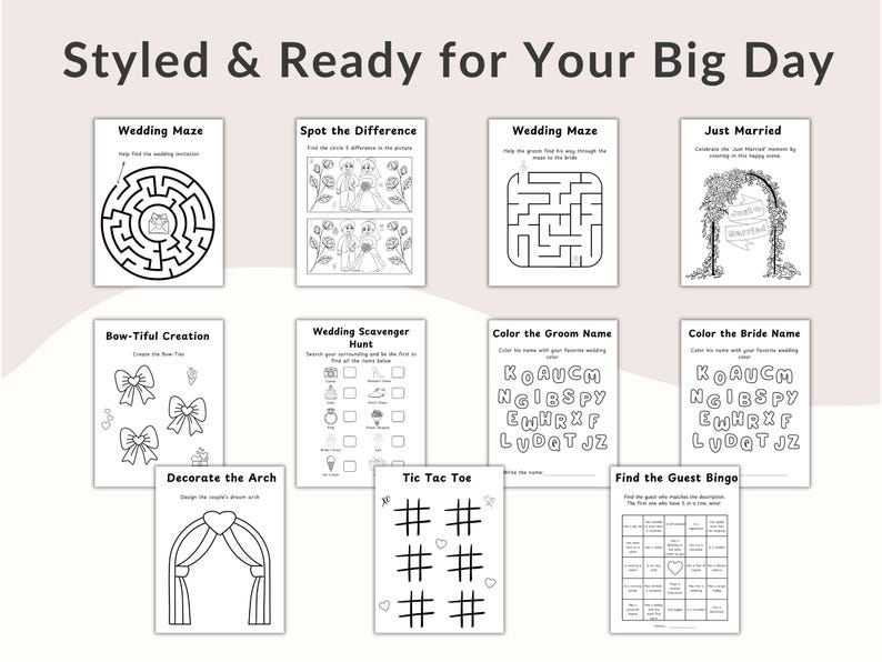 Puede incluir: Una colecci&oacute;n de hojas de actividades de boda imprimibles, que incluyen laberintos, una b&uacute;squeda del tesoro y un juego de bingo. El texto "Styled & Ready for Your Big Day" est&aacute; en la parte superior. Las hojas son en blanco y negro.