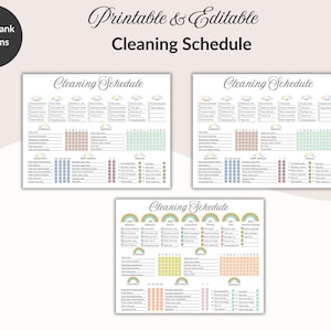 May include: Printable and editable cleaning schedule templates in a soft color palette. The design includes sections for daily, weekly, and monthly tasks, with rainbow and sunburst graphics. The text "Cleaning Schedule" is displayed at the top.