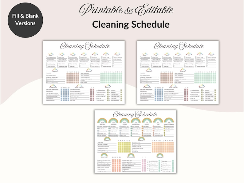 May include: Printable and editable cleaning schedule templates in a soft color palette. The design includes sections for daily, weekly, and monthly tasks, with rainbow and sunburst graphics. The text "Cleaning Schedule" is displayed at the top.