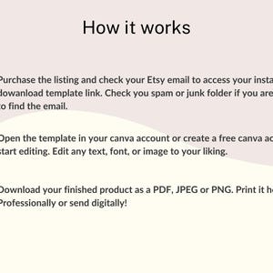 May include: A graphic with the title "How it works" and numbered steps. Step 1: Purchase the listing and check Etsy email. Step 2: Open the template in Canva. Step 3: Download as PDF, JPEG, or PNG.