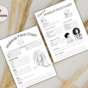 May include: Two white makeup face charts with black text and illustrations. The charts include sections for client information, products used, and notes. One chart features a woman's face illustration, and the other has illustrations of makeup and women.