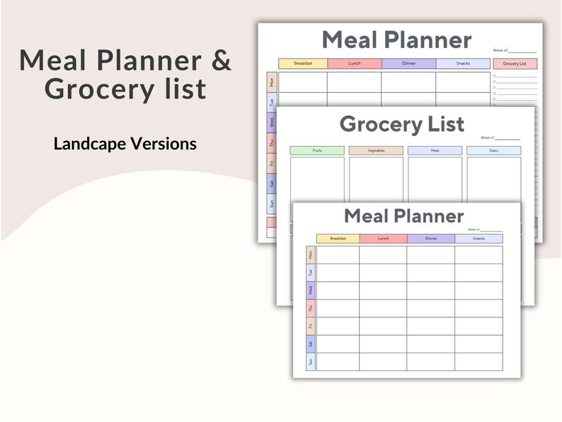 Op de afbeelding: Een stapel witte maaltijdplanners en boodschappenlijstjes. De bovenste planner heeft een koptekst met "Meal Planner" met secties voor elke maaltijd. De boodschappenlijst heeft secties voor voedsel, groenten, vlees en zuivel. De tekst "Meal Planner & Grocery List" staat bovenaan.